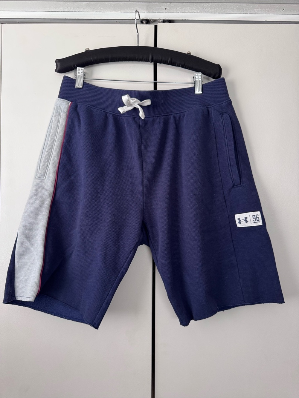 Under Armour Navy Shorts with Gray Side Panel and White Drawstring